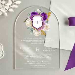 Invitations En Acrylique Couronne Fleurie Violet Royal Monogramme Mariage
