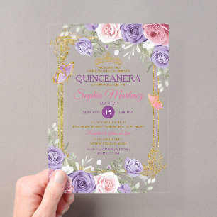 Invitations En Acrylique Couronne Fleurie Violette Et Rose Fille Quinceañer