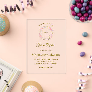 Invitations En Acrylique couronne florale Baptême