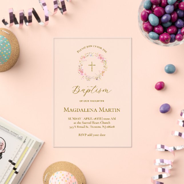 Invitations En Acrylique couronne florale | Baptême (Insitu (Célébration))