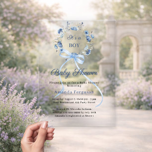 Invitations En Acrylique Couronne florale bleue avec noeud garçon luxe Baby