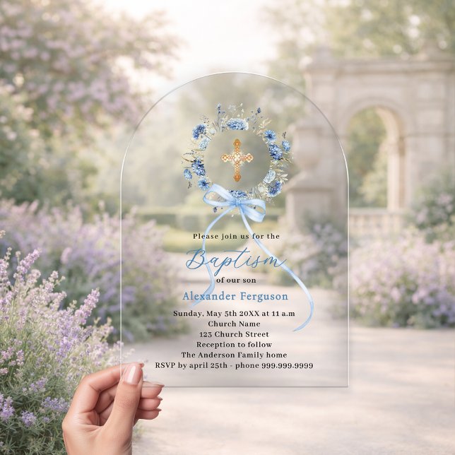Invitations En Acrylique Couronne florale bleue de baptême garçon arc (Créateur téléchargé)