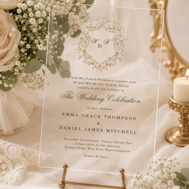 Invitations En Acrylique Couronne florale classique Monogramme Mariage (Créateur téléchargé)