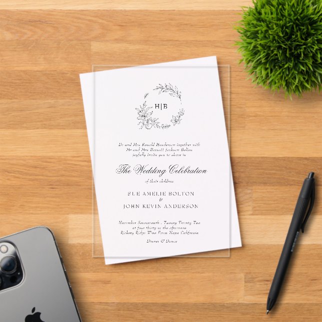 Invitations En Acrylique Couronne Florale Classique Monogramme Mariage (Insitu (Carte d'invitation))