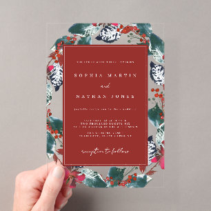 Invitations En Acrylique Couronne florale de Noël Rouge Vert Mariage Clair