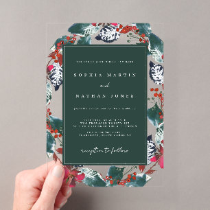 Invitations En Acrylique Couronne florale de Noël verte rouge mariage clair