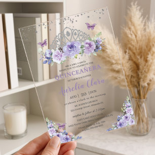 Invitations En Acrylique Couronne florale de Quinceañera lilas violets avec