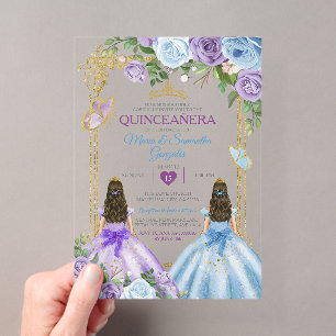 Invitations En Acrylique Couronne florale jumeaux Gold Purple et Blue Quinc