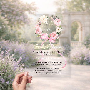 Invitations En Acrylique Couronne florale rose ruban fille luxe Baby Shower