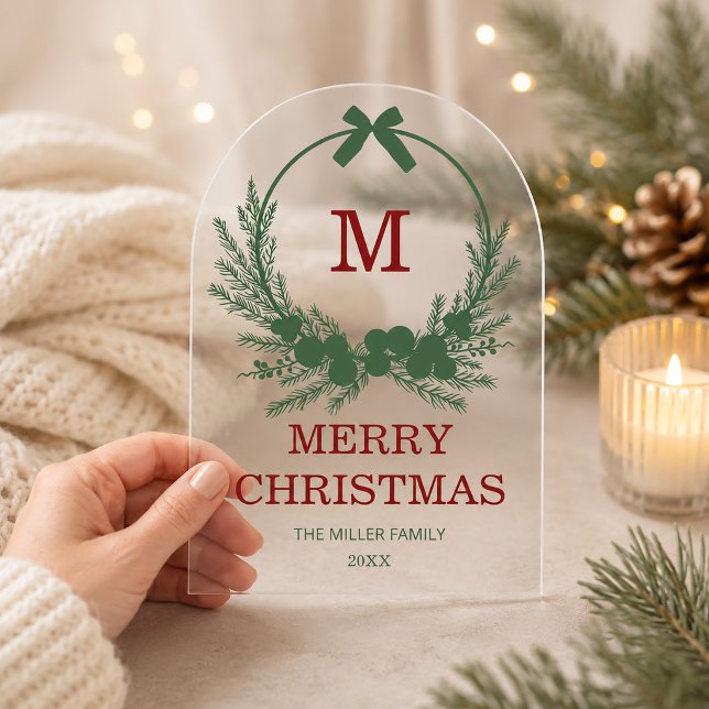 Invitations En Acrylique Couronne moderne monogramme Joyeux Noël  (Modern Wreath Monogram Merry Christmas Acrylic Invitations)
