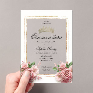 Invitations En Acrylique Couronne or rose quinceañera