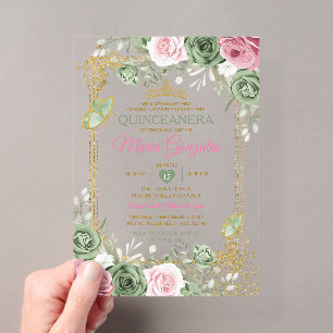 Invitations En Acrylique Couronne papillon élégante vert sauge Quinceañera