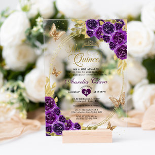 Invitations En Acrylique Couronne papillon floral violet or Mis Quinceañera