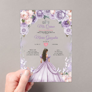 Invitations En Acrylique Couronne Rose Lilas Mis Quince 15 Ans Quinceañera