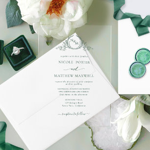 Invitations En Acrylique Couronne Royale de Laurier Monogramme Vert Élégant