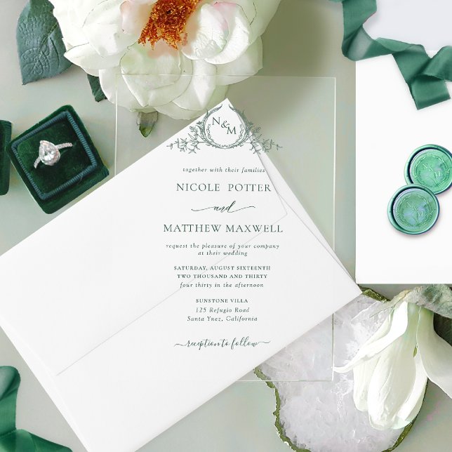Invitations En Acrylique Couronne Royale de Laurier Monogramme Vert Élégant (Créateur téléchargé)
