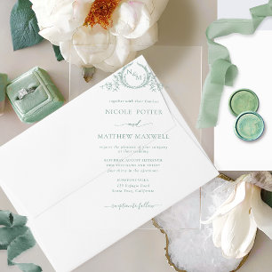 Invitations En Acrylique Couronne Royale Élégante Monogramme en Vert Pâle