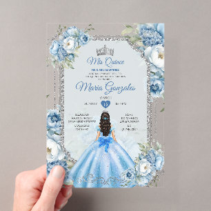 Invitations En Acrylique Couronne Royale Fleurie Argentée Bleu Princesse Mi