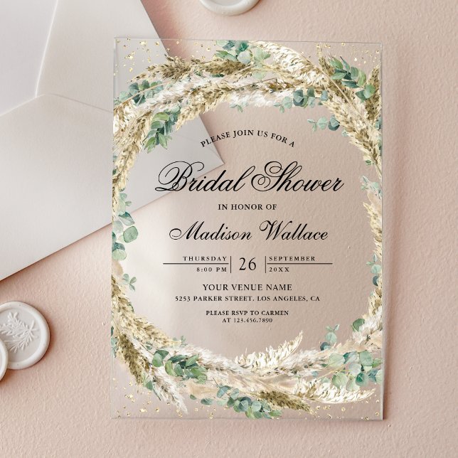 Invitations En Acrylique Couronne rustique boho pampas eucalyptus pour la d (Créateur téléchargé)