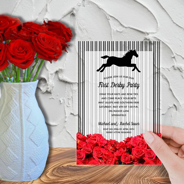 Invitations En Acrylique Course et Rose Derby Party (Derby race horse, red roses and stripes acrylic invitations - order clear or frosted)