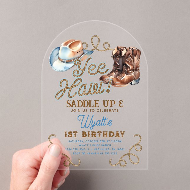 Invitations En Acrylique Cowboy First Rodeo 1st Birthday Acrylic (In situ (ordinateur de poche))