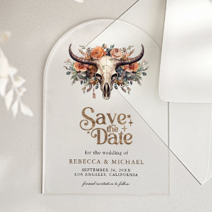 Invitations En Acrylique Crâne de vache floral Mariage western Save the Dat