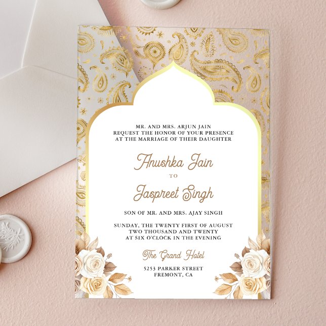 Invitations En Acrylique Cream Gold Paisley Floral Indian Wedding (Créateur téléchargé)