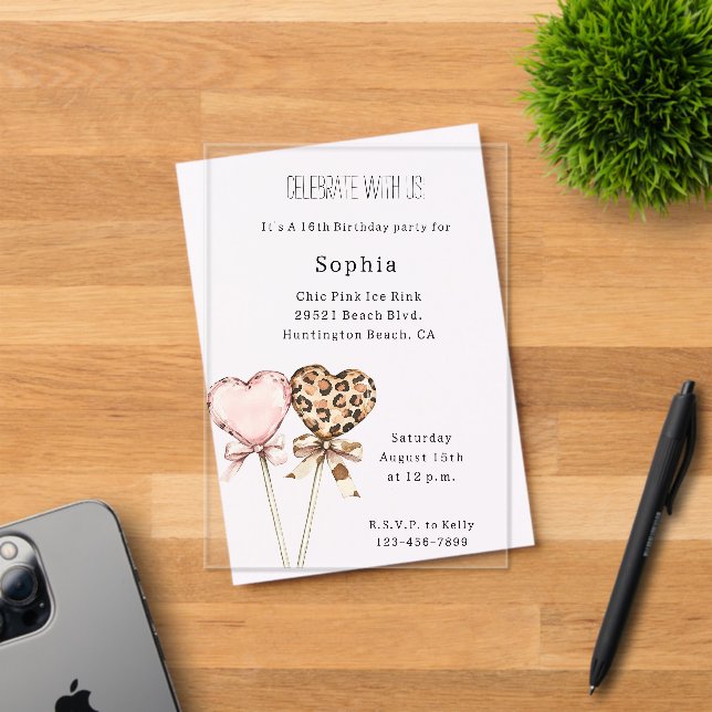 Invitations En Acrylique Cream Pink Leopard Hearts Birthday (Insitu (Carte d'invitation))