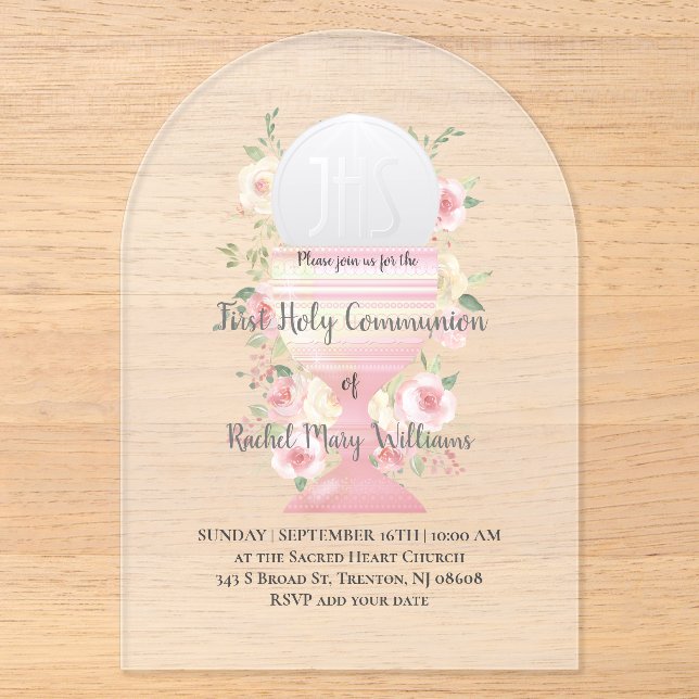 Invitations En Acrylique Création florale pour première communion (Recto)