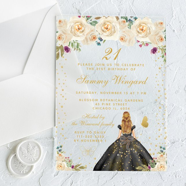 Invitations En Acrylique Crème Floral Blonde Cheveux Princess Anniversaire (Créateur téléchargé)