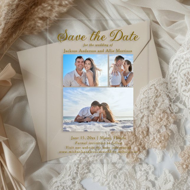 Invitations En Acrylique Crème moderne 4 Photo 2 Mariage d'arc latéral (3-Photo wedding acrylic Save the Date card)
