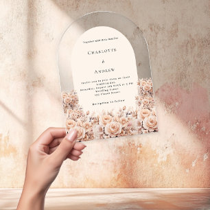 Invitations En Acrylique Crème pêche rose or fleurons arc mariage