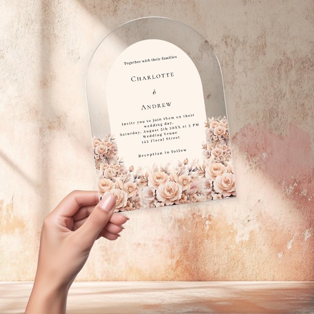 Invitations En Acrylique Crème pêche rose or fleurons arc mariage (Créateur téléchargé)