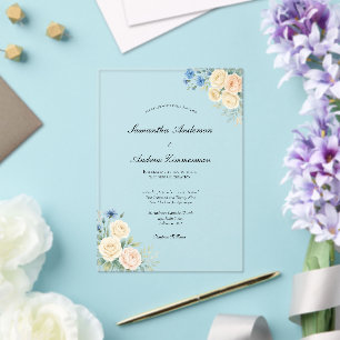 Invitations En Acrylique Crème rose Bleu Noir Floral Élégant Mariage