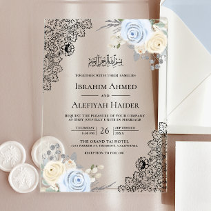 Invitations En Acrylique Crème Rustique Bleu Pâle Floral Dentelle Mariage M
