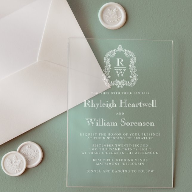 Invitations En Acrylique Crête de monogramme classique transparente de mari (Créateur téléchargé)