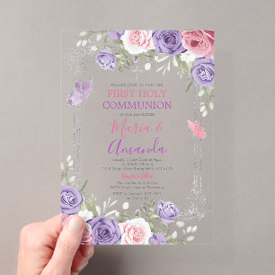 Invitations En Acrylique Croix argentée fleur violette Première Sainte Comm