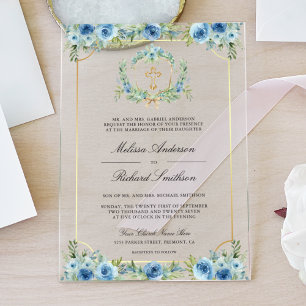 Invitations En Acrylique Croix de mariage catholique florale bleue dorée