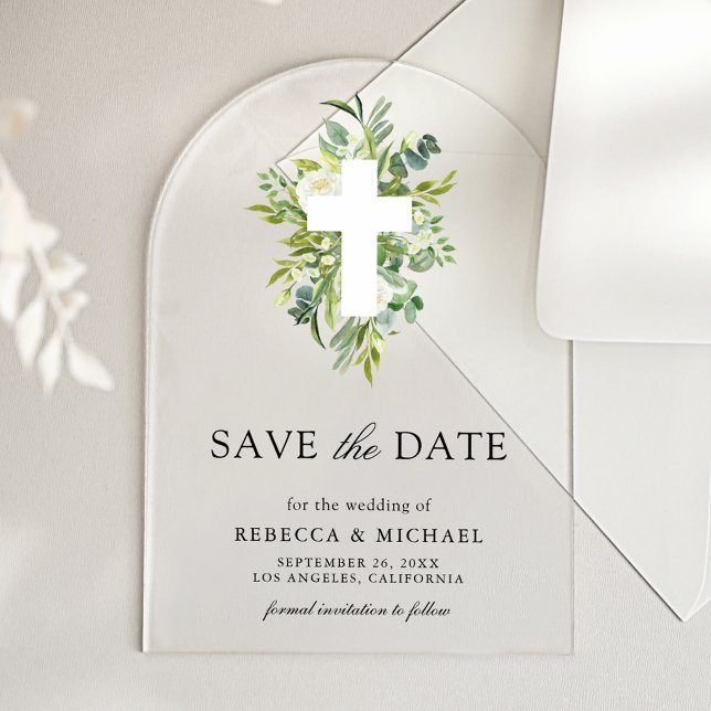Invitations En Acrylique Croix de verdure mariage catholique à retenir la d (Créateur téléchargé)
