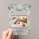 Invitations En Acrylique Croix d'or Eucalyptus Baptême religieux Photo<br><div class="desc">Elégante invitation au baptême acrylique pour le bébé garçon ou fille avec une croix d'or au sommet. Cette invitation est encadrée de beaux feuilles d'eucalyptus verts. Personnalisé avec votre photo préférée de nouveau-né, le nom de votre enfant et les informations sur le baptême. Contactez-moi pour obtenir de l'aide sur vos...</div>