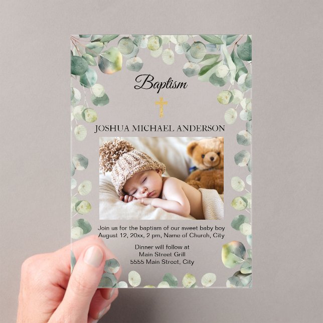 Invitations En Acrylique Croix d'or Eucalyptus Baptême religieux Photo (In situ (ordinateur de poche))
