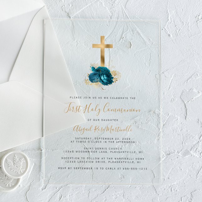 Invitations En Acrylique Croix d'or Première communion florale Turquoise (Créateur téléchargé)