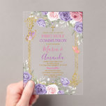 Invitations En Acrylique Croix d'or rose violet Floral Première communion s<br><div class="desc">EDITABLE Purple Rose Floral Gold Cross First Holy Communion Acrylique Invitation Élégante Acrylique Pink & Purple Butterfly Primera Comunión Invitación Christening Girl Floral Gold Frame 1ère Sainte Communion Acrylique Invitation</div>