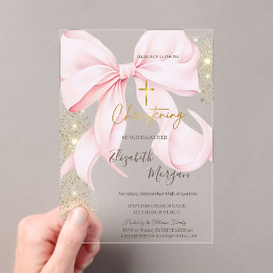 Invitations En Acrylique Croix dorée baptême doré paillettes rose noeud
