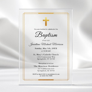 Invitations En Acrylique Croix dorée Baptême Moderne Élégant Minimaliste Éc
