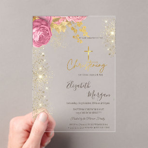 Invitations En Acrylique Croix dorée chic baptême paillettes dorées roses r