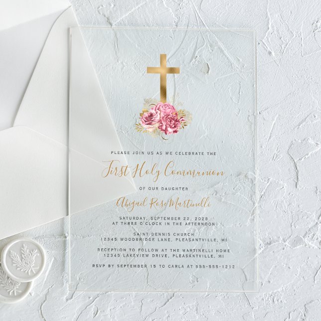 Invitations En Acrylique Croix dorée Communion solennelle Fleurs roses (Créateur téléchargé)