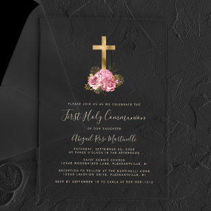 Invitations En Acrylique Croix dorée Communion solennelle Fleurs roses Text