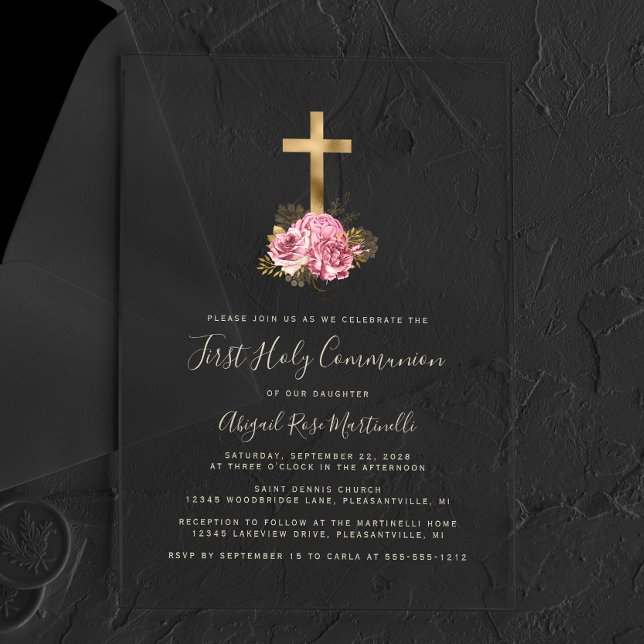 Invitations En Acrylique Croix dorée Communion solennelle Fleurs roses Text (Créateur téléchargé)