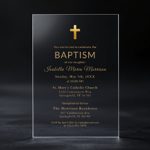 Invitations En Acrylique Croix dorée écriture typographie chic élégant bapt